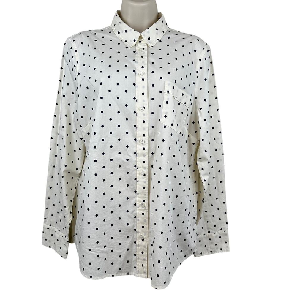 NEW J. Crew Blouse Top Button Front Polka Dot Cream Navy Large Preppy Office